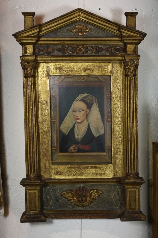 Grand Tour oil portrait after Portrait of a Lady (c. 1460) by Rogier van der Weyden (Netherlandish, b. 1399/1400 - d. 1464), set in a neoclassical tabernacle frame. The posture and manner of the unknown woman suggests that she is of noble
