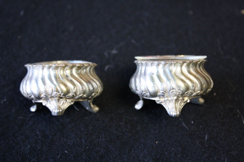 French Pair of Silver Salts with Crystal Spoons in Box