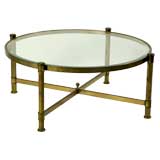 Circular Brass Coffee Table with "X" Base Stretcher