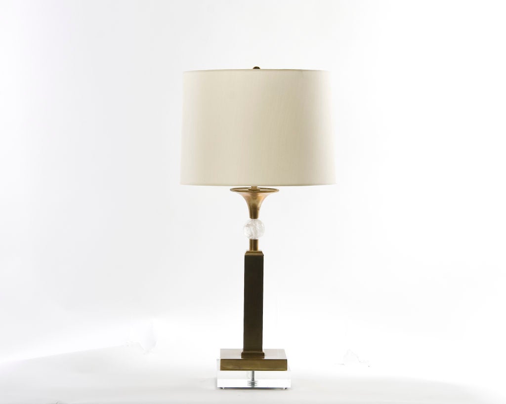Brass Column Lamp with Quartz Sphere Detail