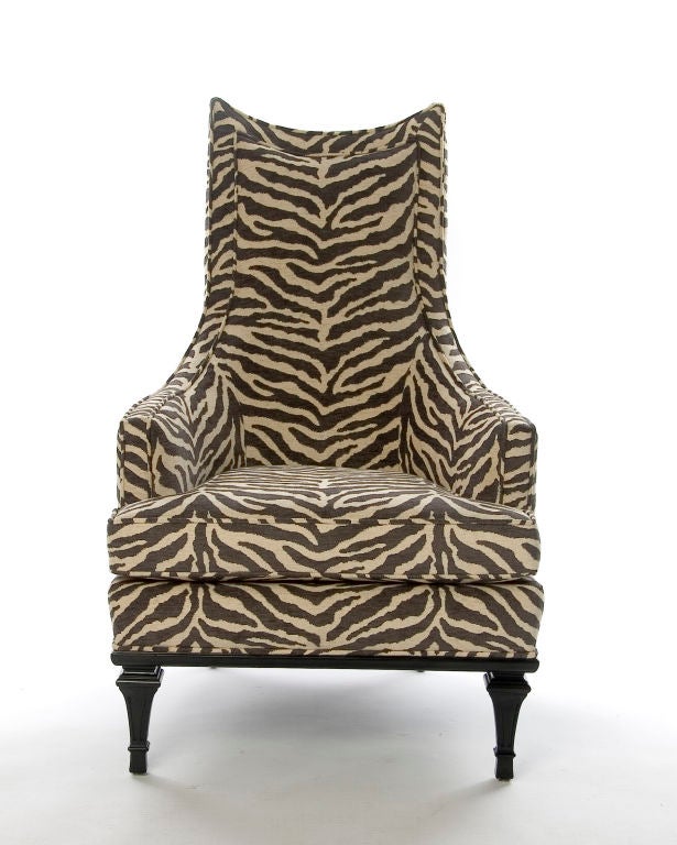 PAIR AVAILABLE / $3,400 EACH<br />
+ Hollywood modern meets the wild yet classic zebra print<br />
+ Fabric has nice texture; colors are soft charcoal and cream<br />
+ Zebra pattern makes a great statement, but is toned down by the coloration of