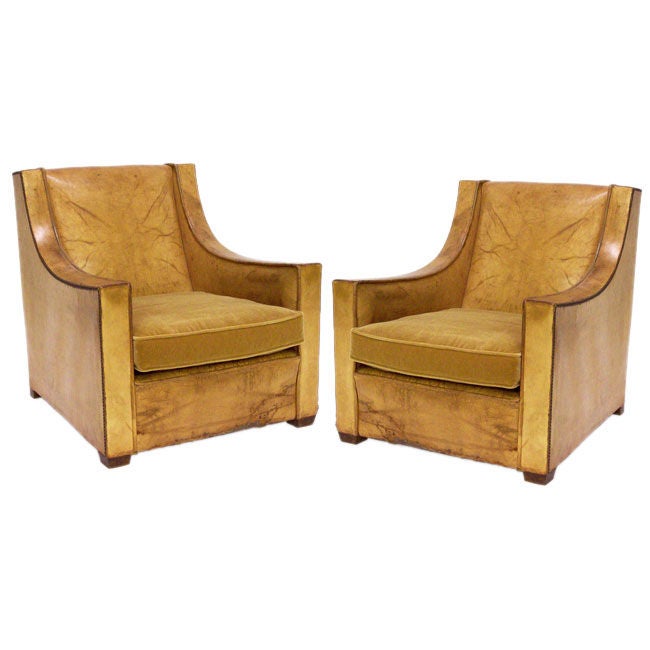 Set of Two French Leather Clubchairs w/ Nail Head Trim