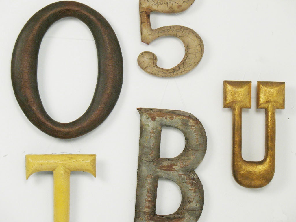 Mixed lot of old wood numbers and letters from homes and storefronts; wood printing blocks.  Aluminum 