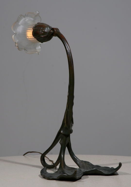 20th Century French Art Nouveau Bonze and Blown Glass Lamp by Paul Follot For Sale