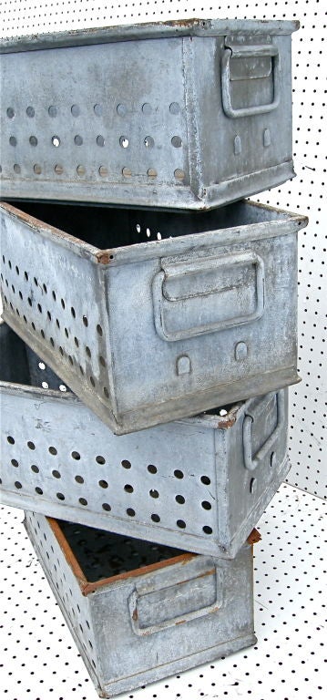 Stylish and highly useful, galvanized metal flower bulb storage boxes. Originally  used for overwintering bulbs.  Beautiful zinc colored patinas created from years of usage.  Perforated aeration holes add visual interest and appeal.  Priced