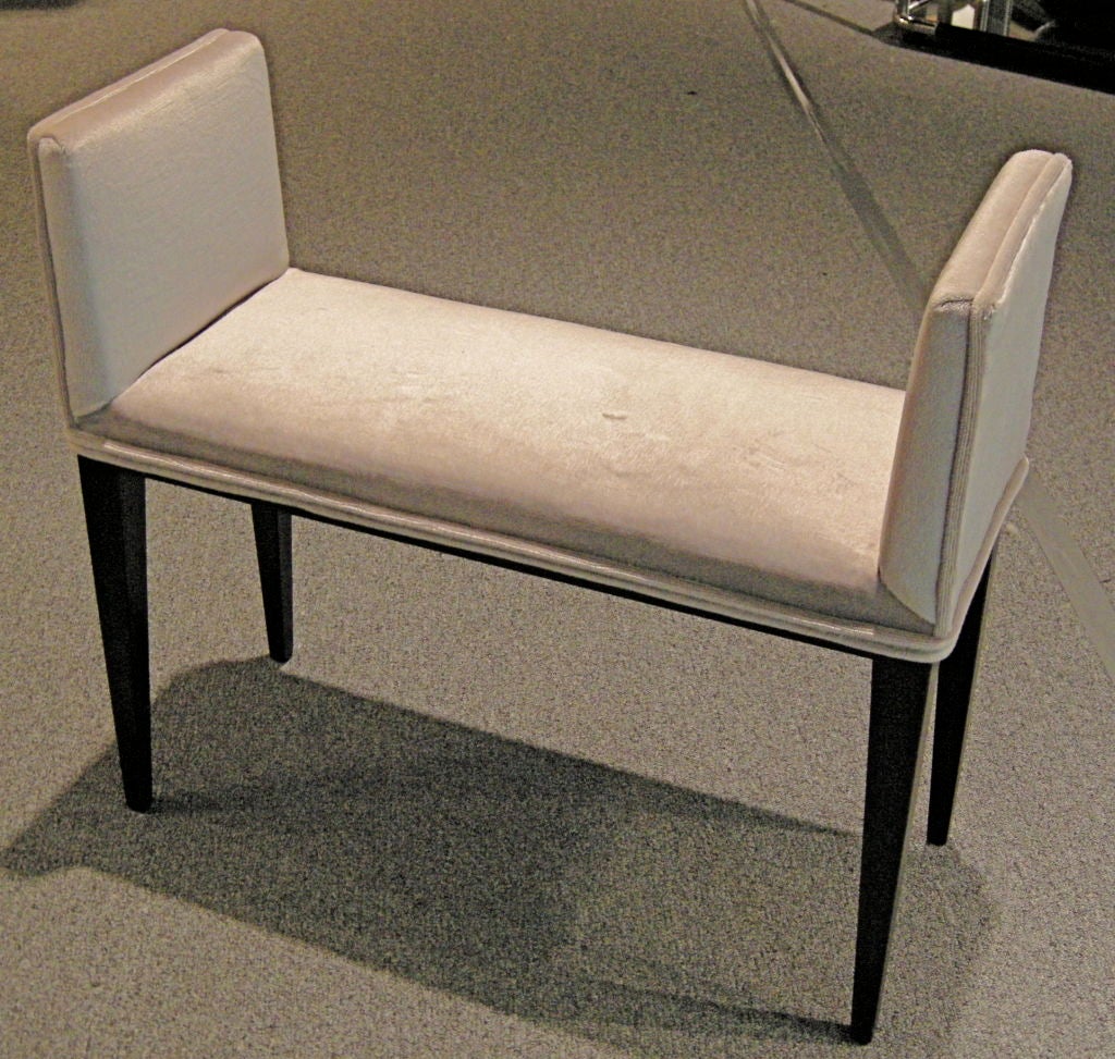 Stylish small scale bench.  Long tapering ebony legs enhance the overall appeal.