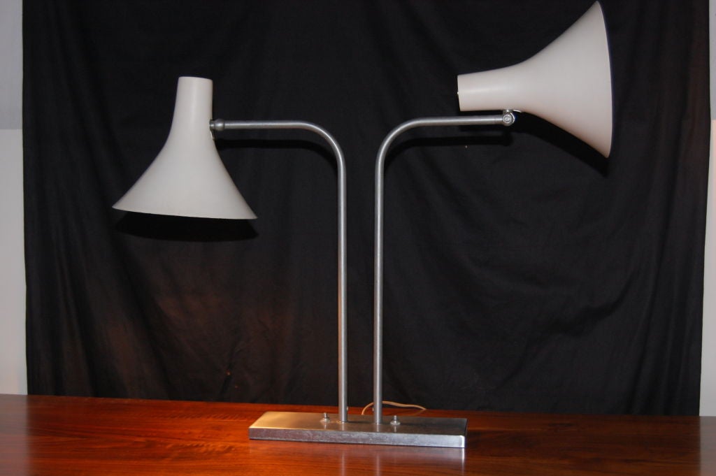 Walter Von Nessen Studio , U.S.A , 1960's dual desk lamp , white metal shades on   unusual nickel finished arms and base , heads are multi positional and arms rotate , each light is independantly switched .