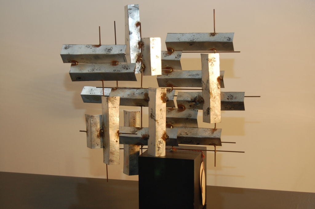 William Friedle , metalworker in the style of Jere and others in the 60's , multi-dimensional table top sculpture of abstract form in multi-plane construction format , striking piece with original sticky label to element and 2 original drop tags ,