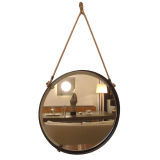 Vintage Italian black leather mirror with brass detail