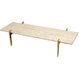 Travertine topped coffee table with brass frame