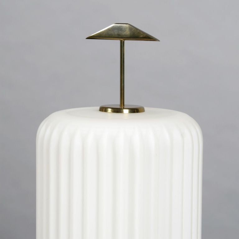 Brass framed table lamp with ribbed opaque glass shade. Attributed to Arteluce.