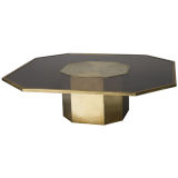 Vintage Hexagonal etched brass and smoked glass coffee table