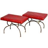 Pair of renaissance revival red leather stools