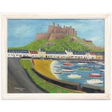 Framed naif oil on board of Michael's Mount, Penzance, Cornwall