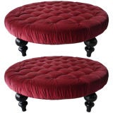 Pair of Deep Buttoned Red Velvet Poufs