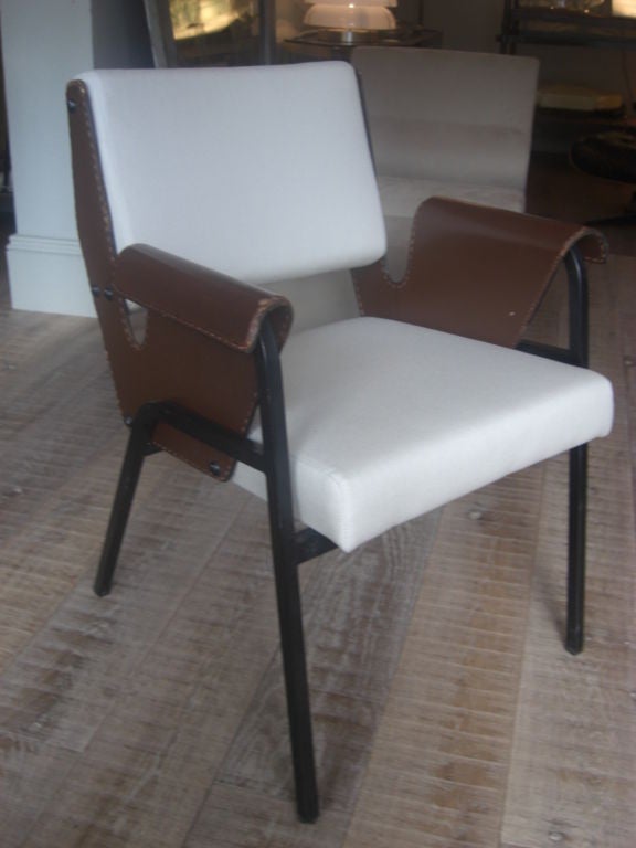 stitched leather and re-upholstered chair designed by Gustavo Pulitzer and manufactured by arflex c.1955.there are four chairs available and the price is for each piece.
