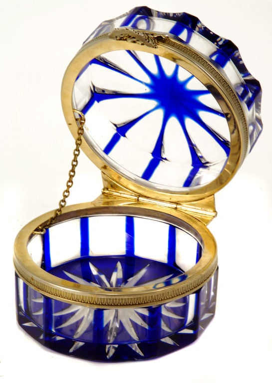 Flashed blue and clear glass circular casket.