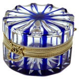 Flashed blue and clear glass circular casket.