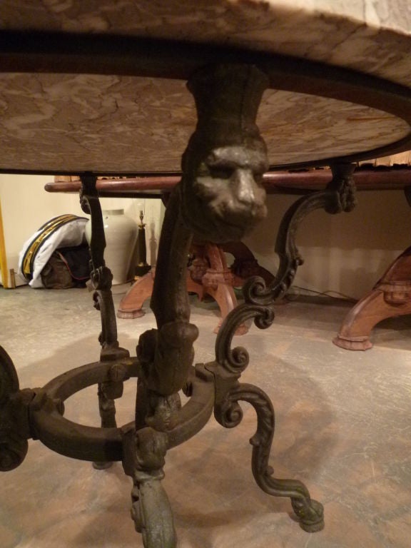 Pair Italian Cast Iron Round Garden Tables with Lions Heads - c.1860 - later Cipollino marble tops