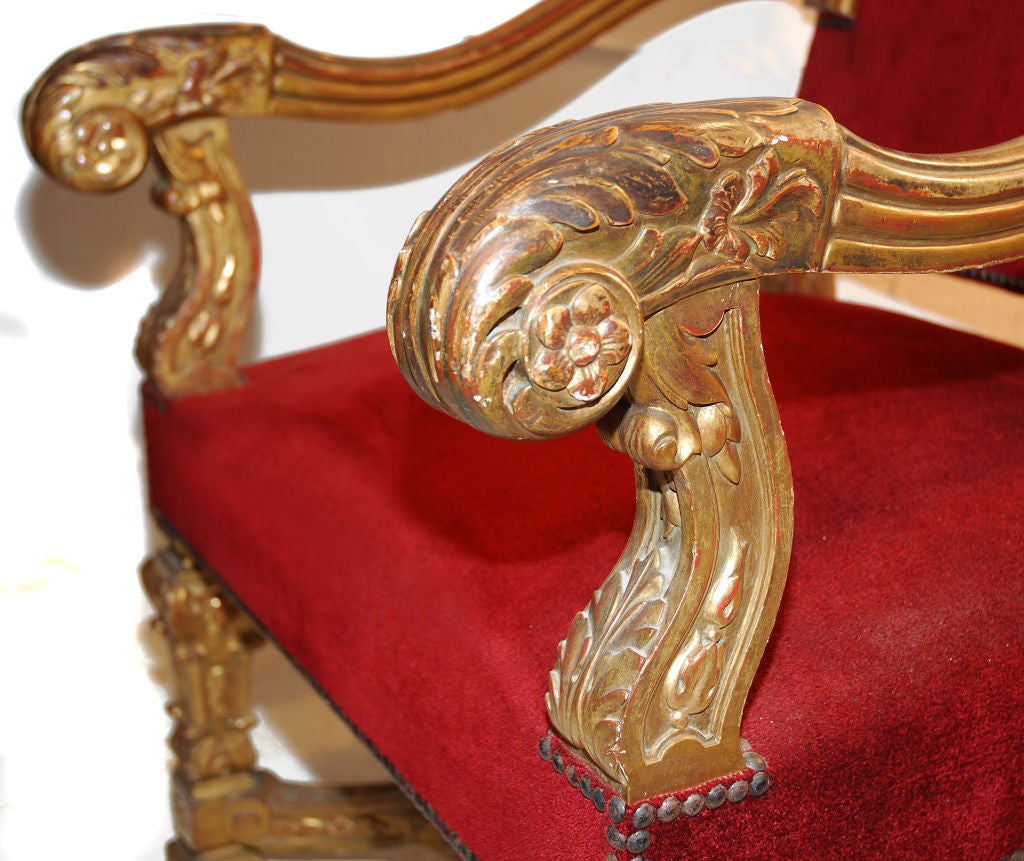 Pair of French Carved Giltwood Baroque Throne Armchairs c.1880