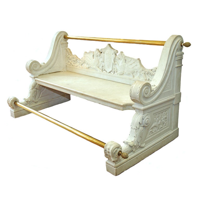 Italian Carved Carrara Marble Hall Bench. 19th Century