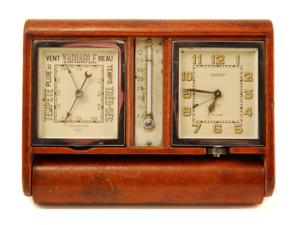 Leather cased Jaeger Le Coultre travelling Alarm Clock / barometer/ themometer. c1920.