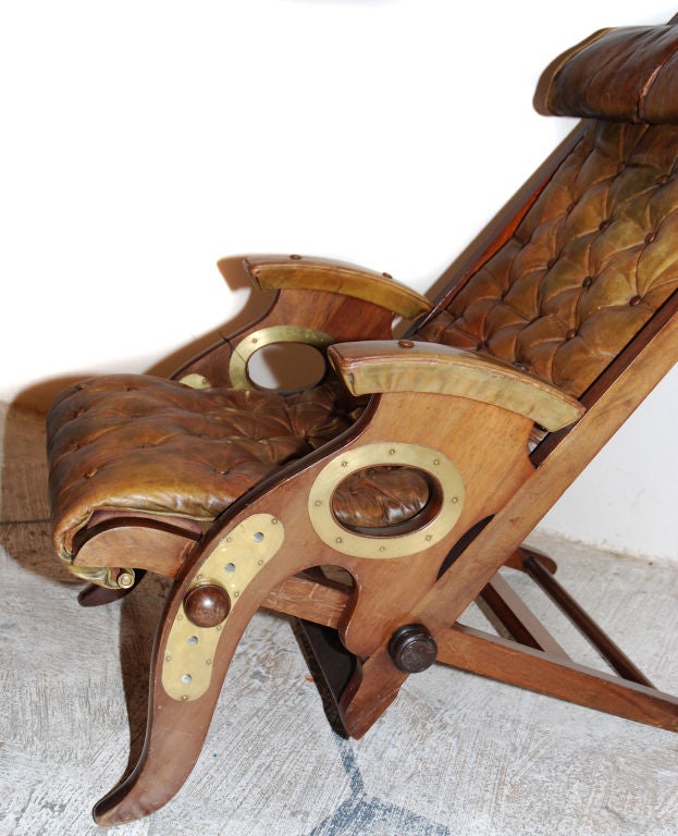 Edwardian Mahogany & Brass Adjustable Deck Chair with original leather upholstery c.1910. 37 inches high, 24 long, 40 deep.