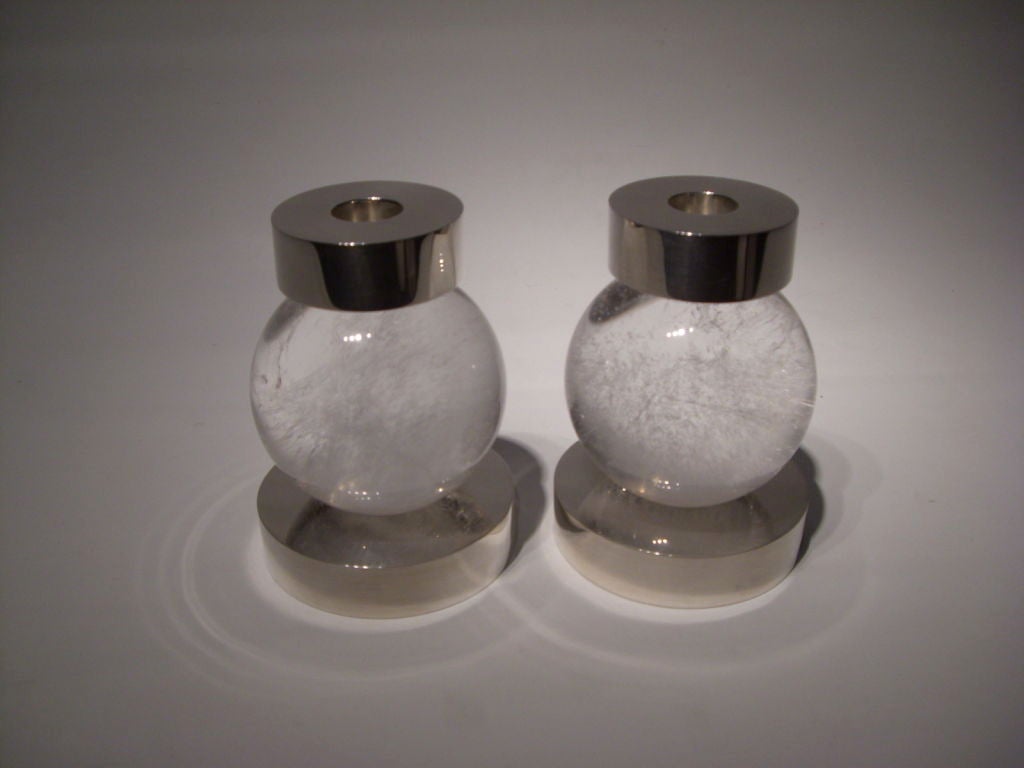 English A pair of rock crystal and silver candlesticks by Paul Belvoir For Sale