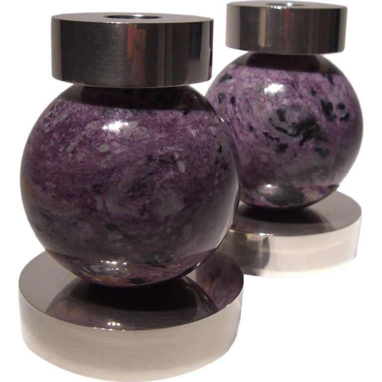 Contemporary A pair of charoite and silver candlesticks by Paul Belvoir For Sale