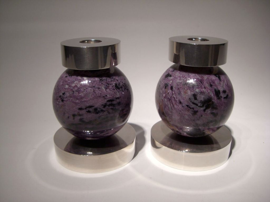 A pair of charoite and sterling silver candlesticks <br />
by Paul Belvoir 2007<br />
English Hallmarks