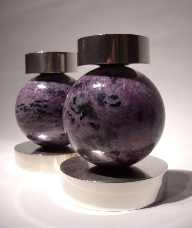 English A pair of charoite and silver candlesticks by Paul Belvoir For Sale