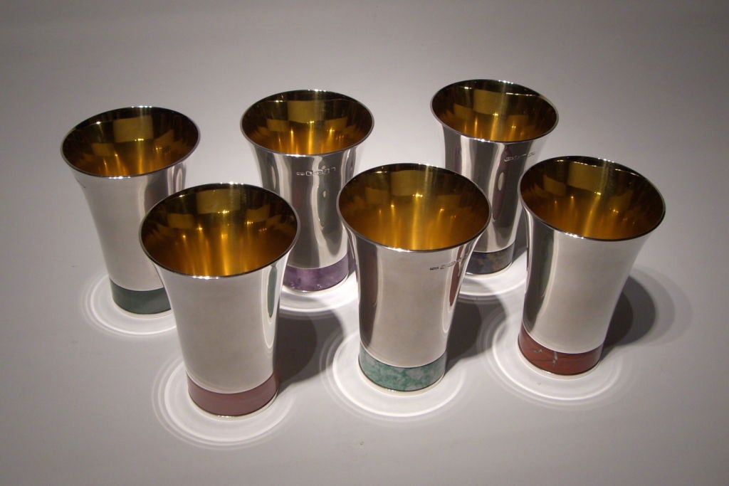 Set of six sterling silver and hardstone beakers by Paul Belvoir