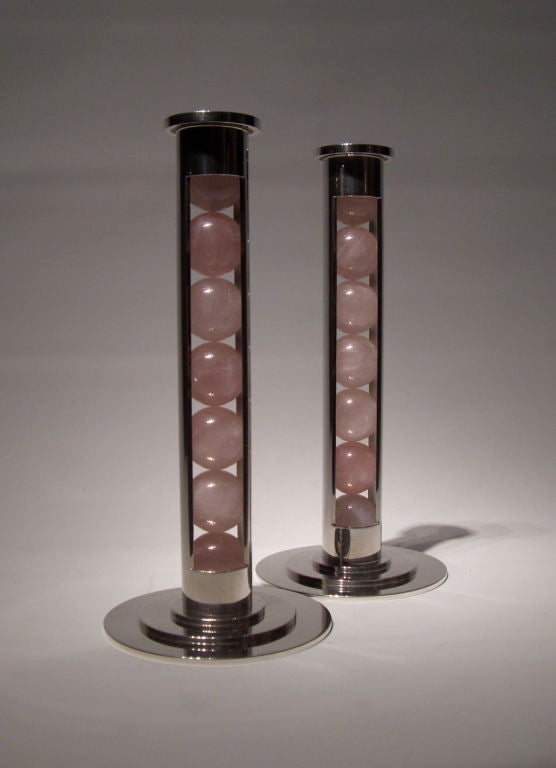 English Rose quartz and sterling silver candlesticks by Paul Belvoir For Sale