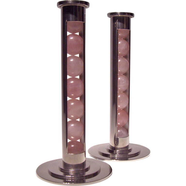 Rose quartz and sterling silver candlesticks by Paul Belvoir For Sale
