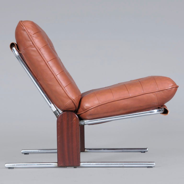 Brazilian Pair of Mahogany and Chrome Easy Chairs by Percival Lafer