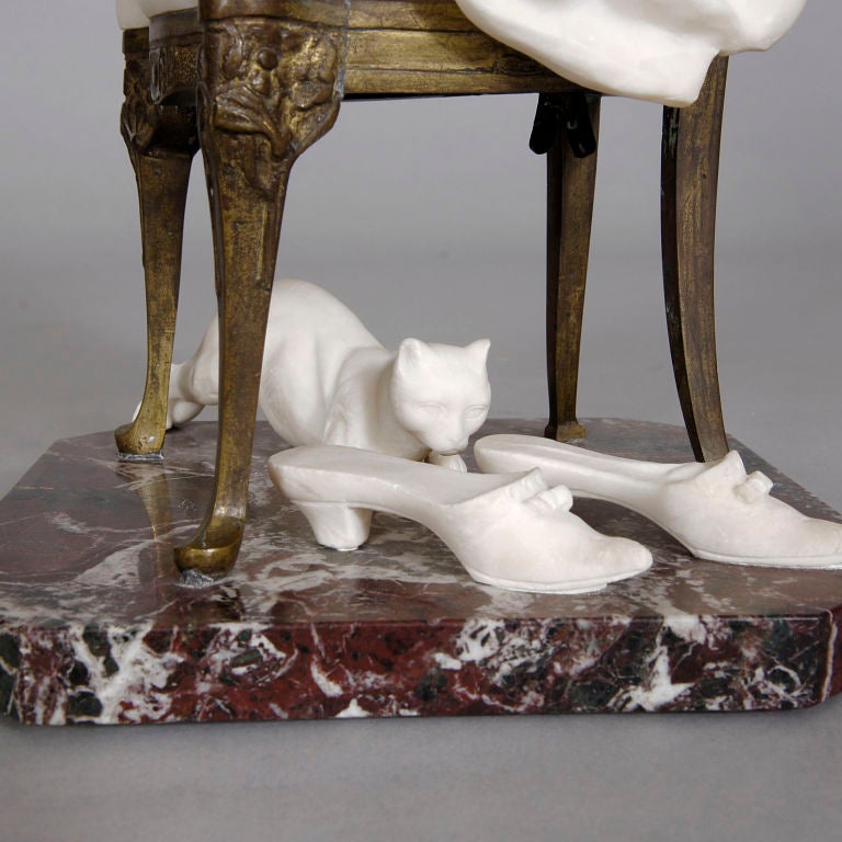 Groupe en bronze et albâtre « La Femme au Chat » de Vittorio Caradossi