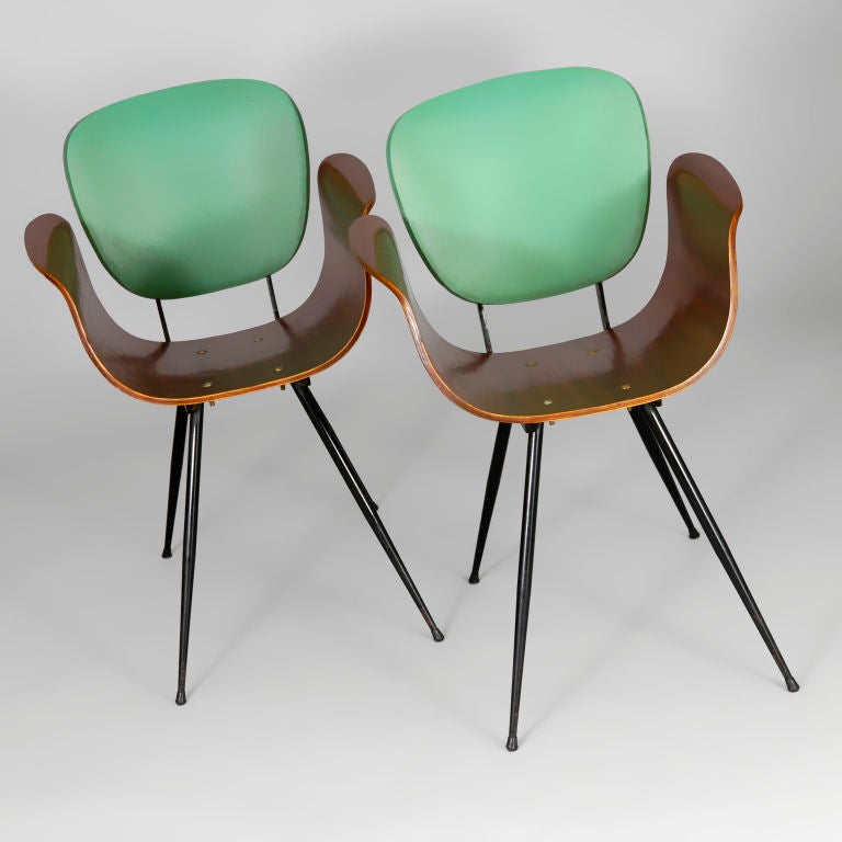 Pair of Italian Bent Wood Chairs with label by REAL DORICA, Bolognia, Italy, circa 1950.<br />
<br />
We haven't got a clue who or whom Real Dorica were but if you find other pieces by them let us know because we think they're funky. We've tried