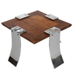 Pair of  Chrome and  Tropical Wood Side Tables