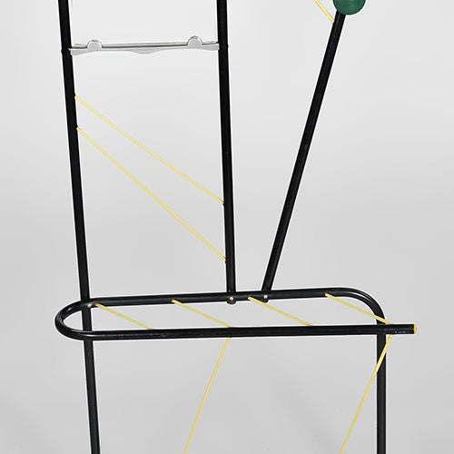 1950`s `Atomic` hall stand with black metal frame with umbrella stand, mirror and coloured resin hooks.