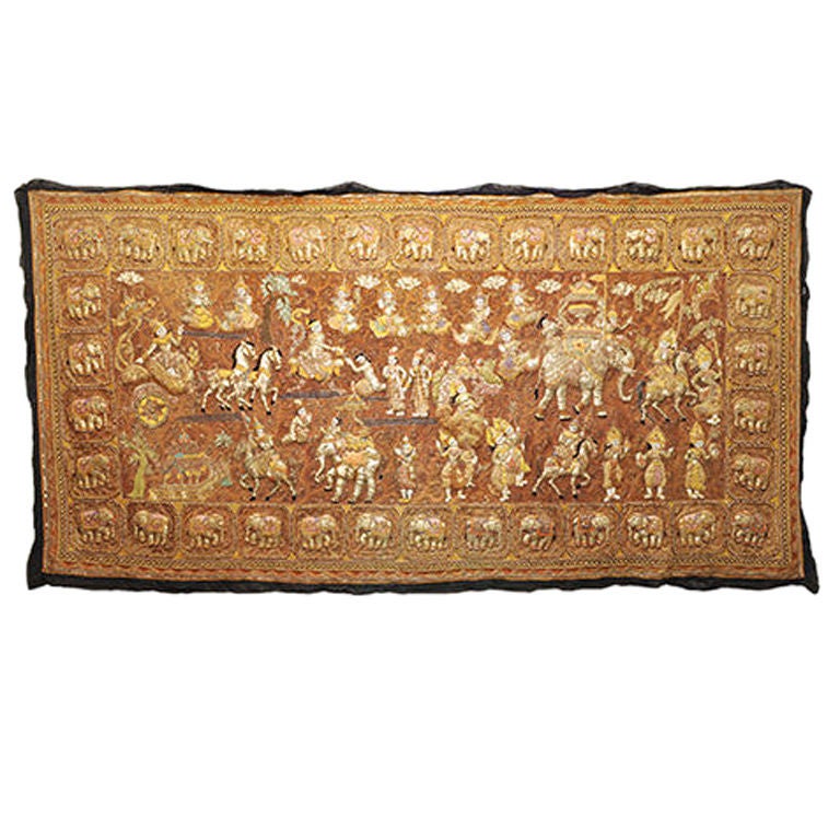Early 20th century Thai tapestry depicting elephants.