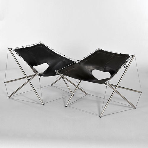French Rare Pair of Zig-Zag Lounge Chairs by Jacques-Henri Varichon