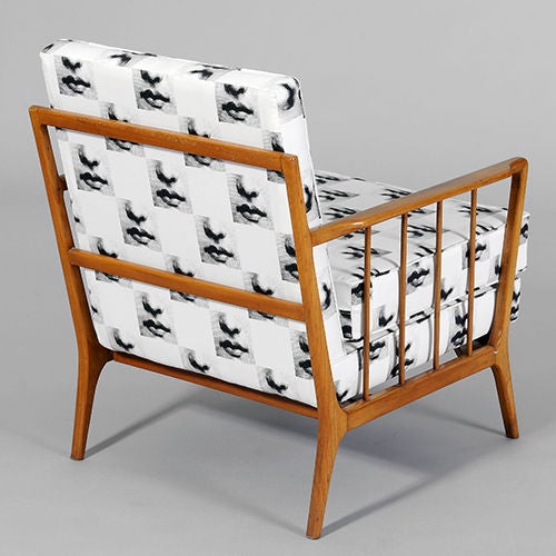 Pair of Pau Marfim Wood Arm Chairs attributed to Rino Levi (1901 - 1965) Reupholstered in Fornasetti Material. <br />
<br />
The son of Italian parents, Levi studied architecture in Milan and Rome as a student of Marcello Piacentini before going
