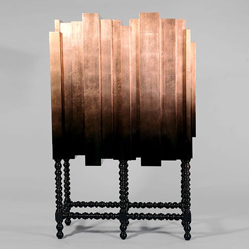 Portuguese D. Manuel Lacquered Mahogany & Copper Leaf Cabinet by Pedro Sousa