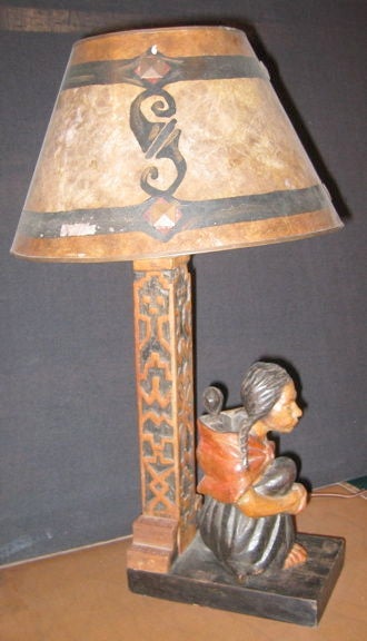 Carved wood lamp with original mica shade