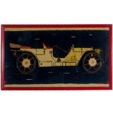 Folky Graphic Hooked Rug of a 1908 Thomas Flyer
