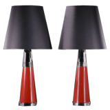 A Pair of Nickel 
Red Lacquer Table Lamps 1960s