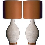 A Pair of 1960s Off  White Ceramic Table Lamps on Wooden Base