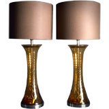 A Pair of Amber Murano Glass Table Lamps Italy 1970s