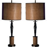 A Pair of 1950s Rattan Wrapped Metal Stemmed Kontiki Table Lamps
