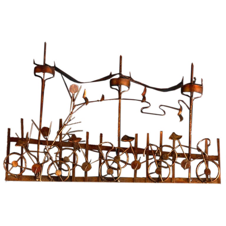 A Metal Wall Sculpture Scene of Bicycles by Curtis Jere USA